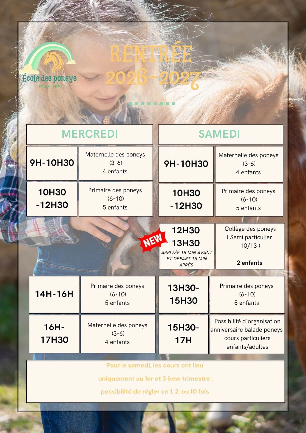 Calendrier des cours de L'École des poneys pour la rentrée 2026-2027